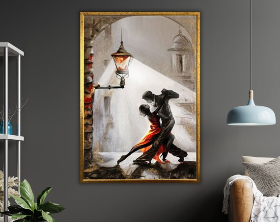 Street Tango Dancers Under Glowing Lamp Light Night Romance Art Poster