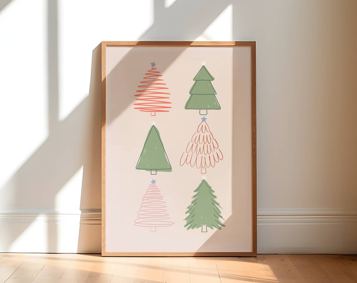 Minimalist Christmas Trees Pink Green Holiday Wall Art Print Poster