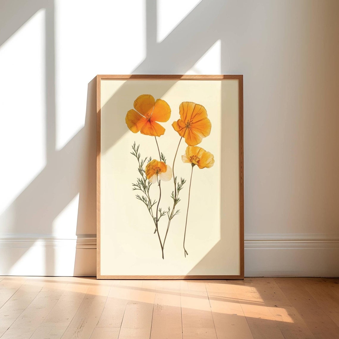 Pressed Orange Poppy Flowers Botanical Wall Art Print Autumn Poster