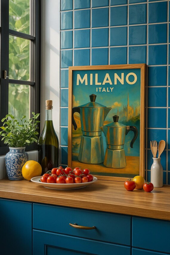 Milano Italy Retro Moka Pot Coffee Kitchen Poster With Duomo Skyline