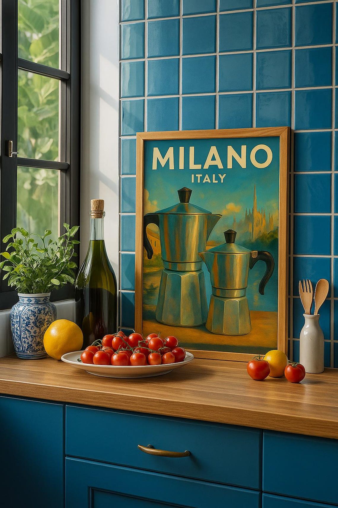 Milano Italy Retro Moka Pot Coffee Kitchen Poster With Duomo Skyline