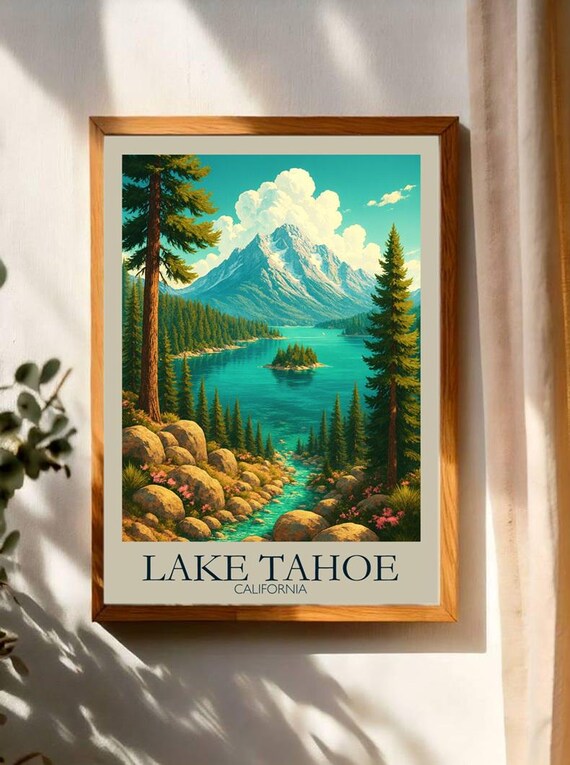 Lake Tahoe California Vintage Turquoise Lake Mountain Travel Poster