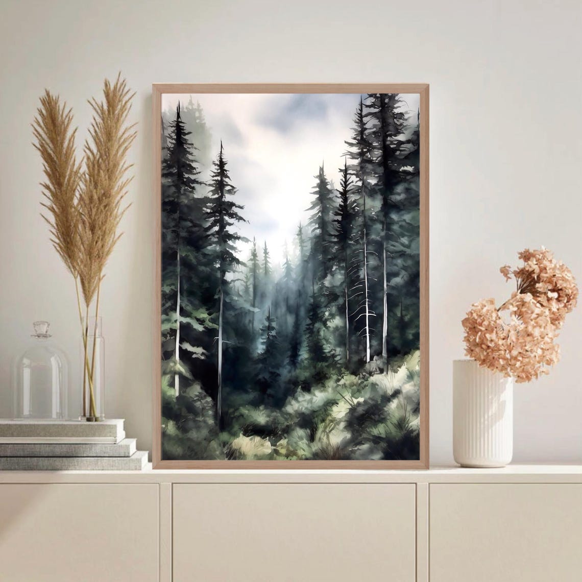 Dark Evergreen Forest Mist Moody Pine Trees Watercolor Poster - Image 4