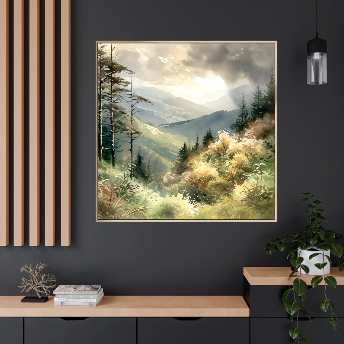 Green Mountain Valley Meadow Pines Dramatic Clouds Watercolor View Poster - Image 2