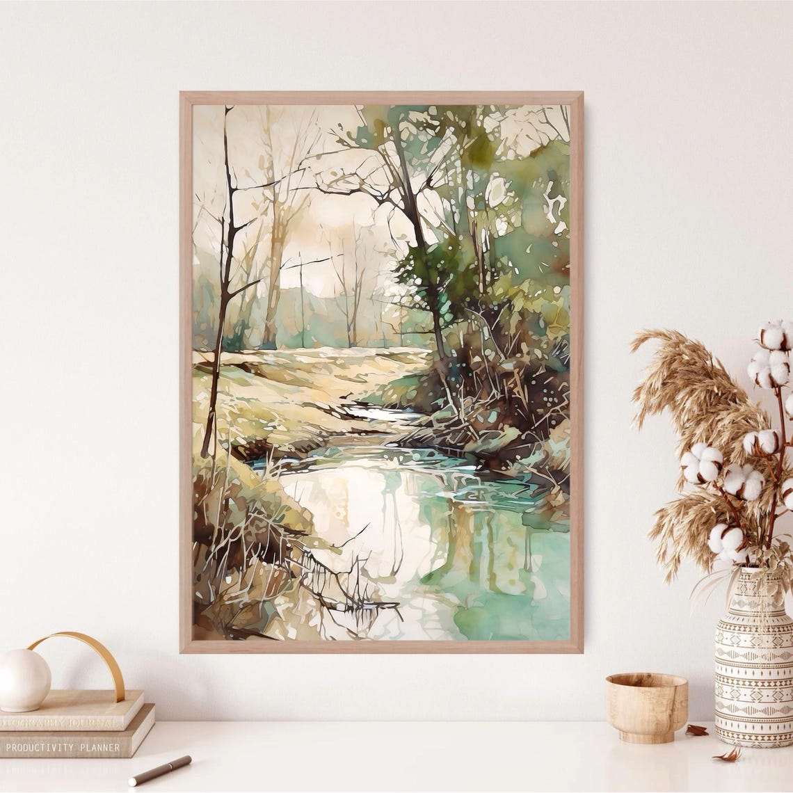 Meandering Stream Winding Through Sunlit Woodland Watercolor Poster - Image 2