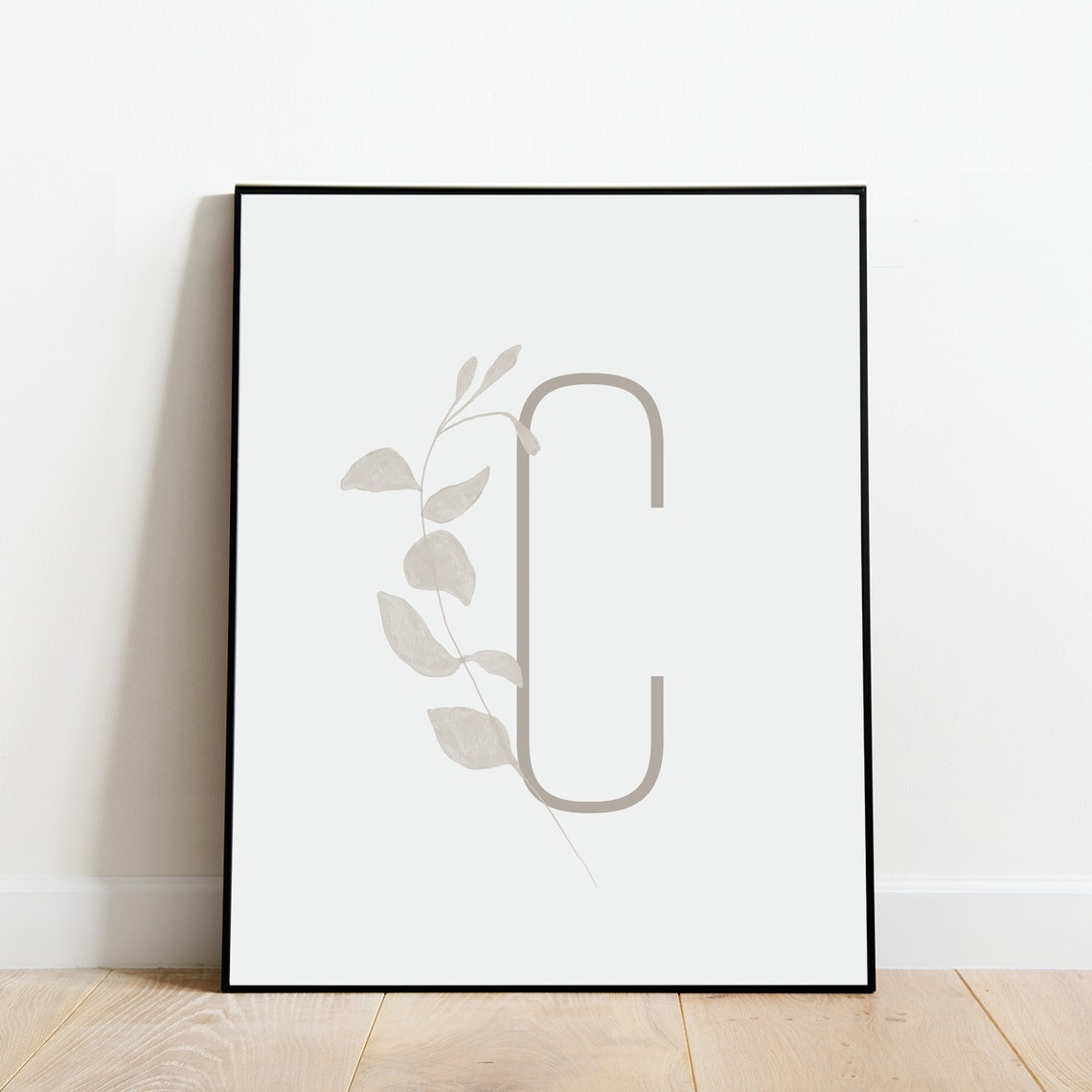 Letter C Botanical Initial Print with Delicate Gray Leaf Sprig Design - Image 3