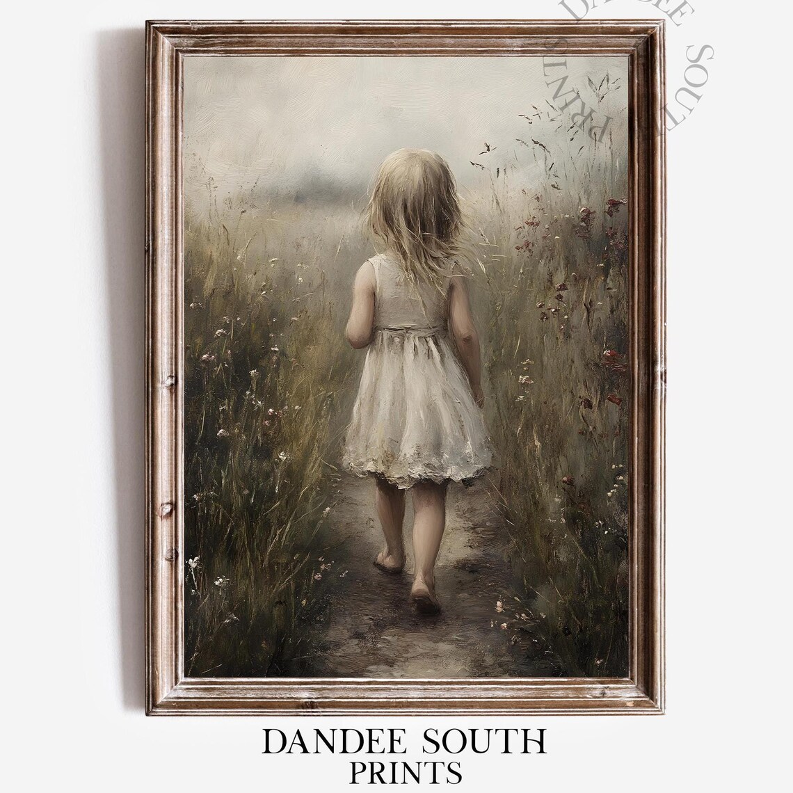 Barefoot Girl White Dress Wildflower Field Vintage Painting Poster