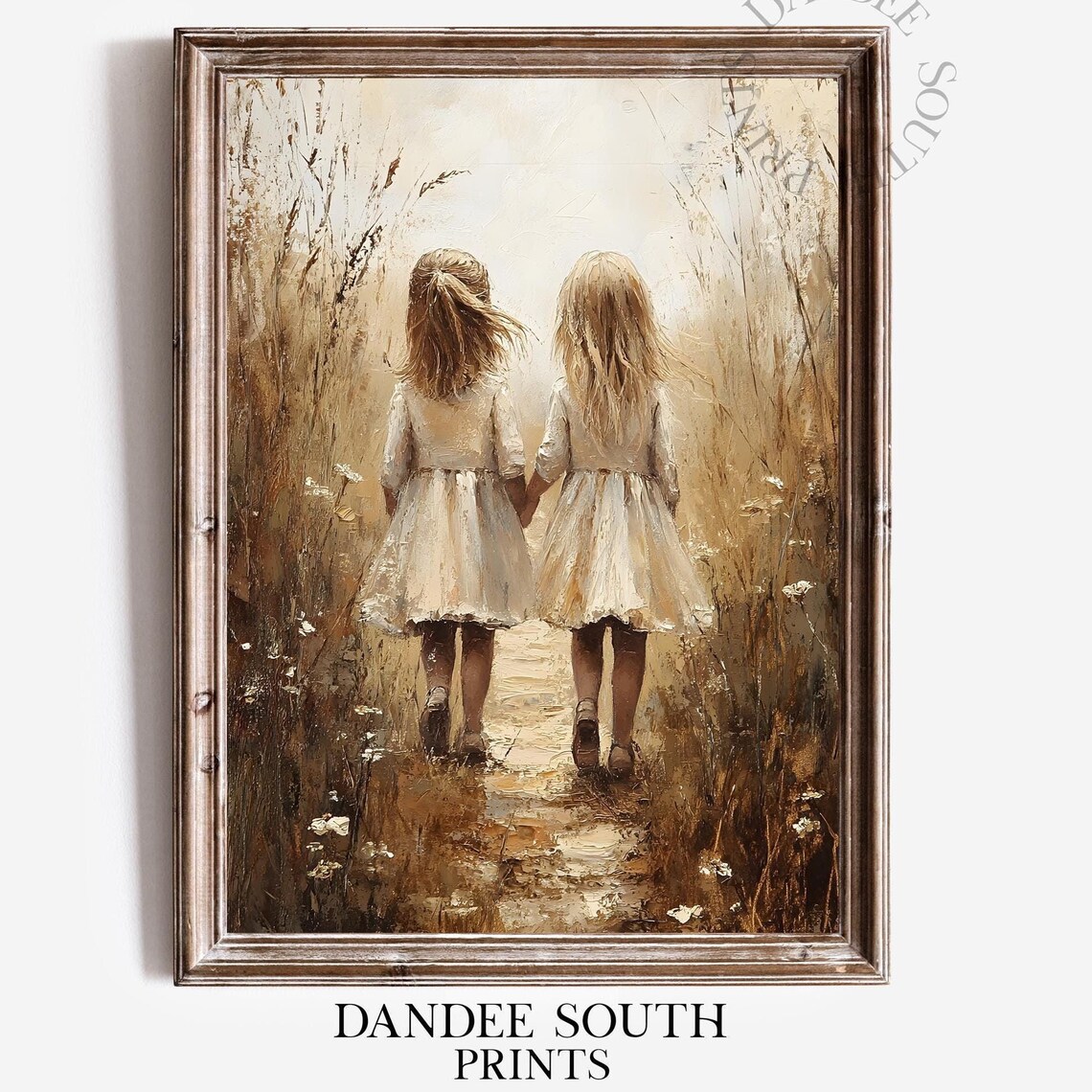 Two Girls Wheat Field Walk Vintage Sisters Painting Art Poster