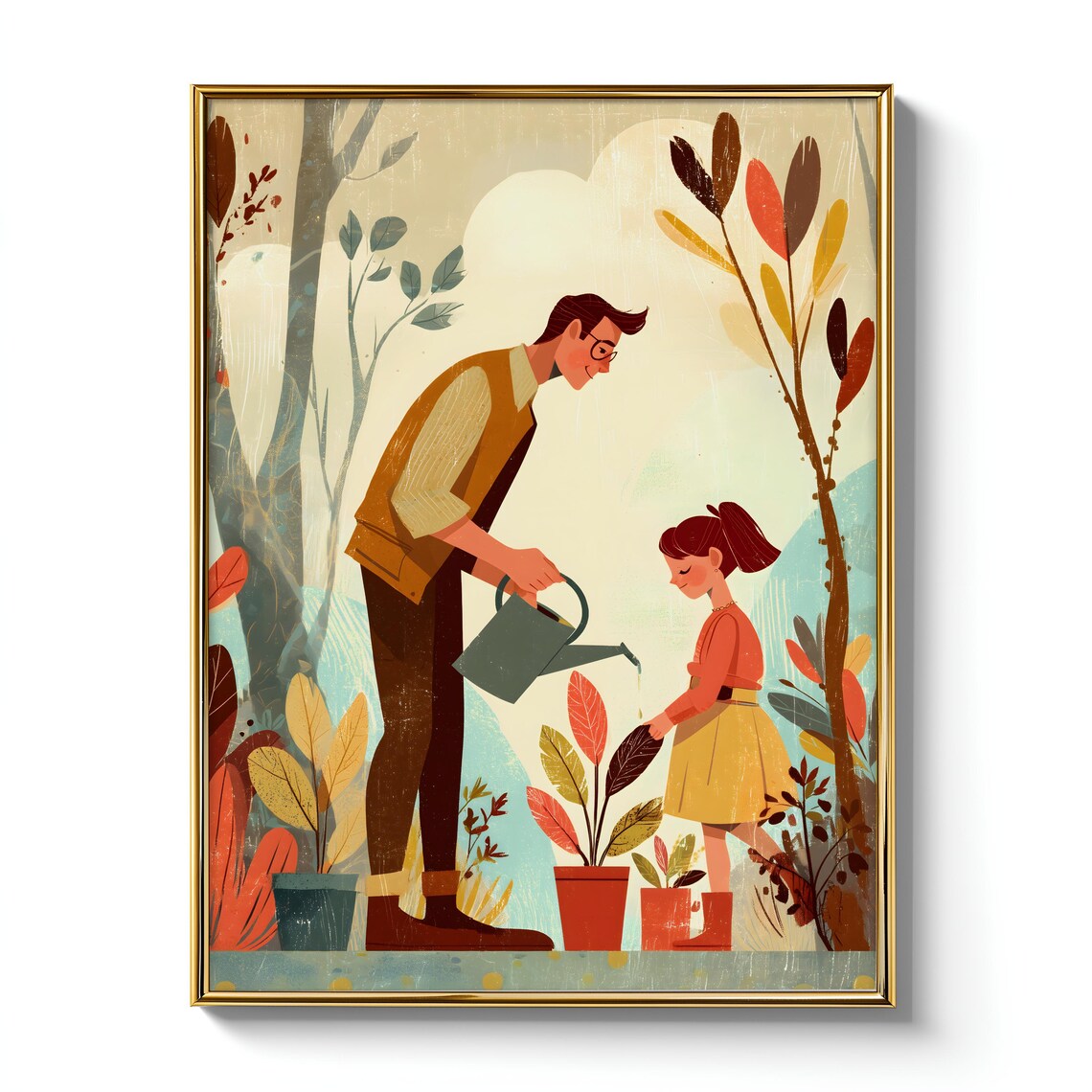 Soft Botanical Bonding Artwork, Father Daughter Watering Print