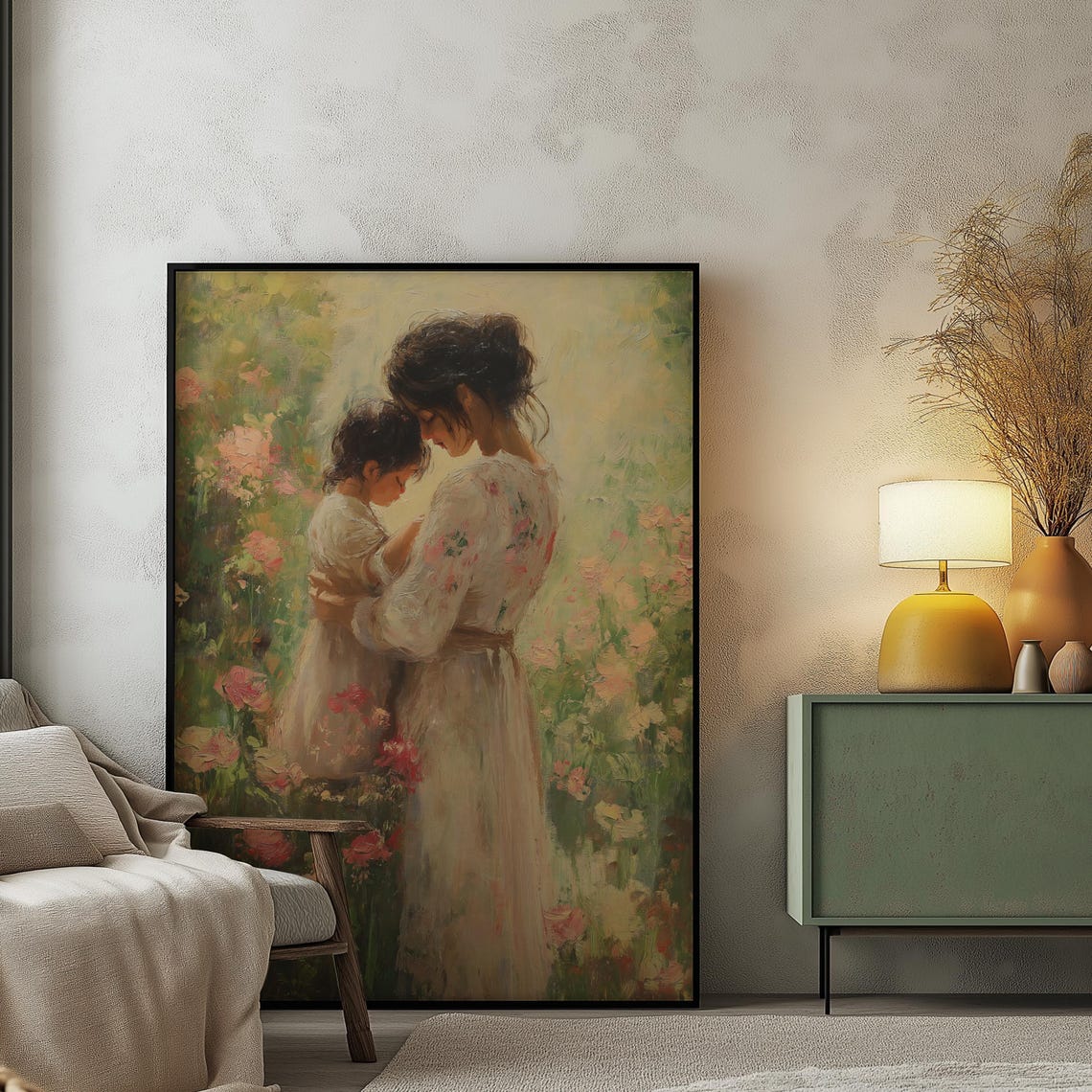 Floral Mother Daughter Portrait, Impressionist Gift For Mom
