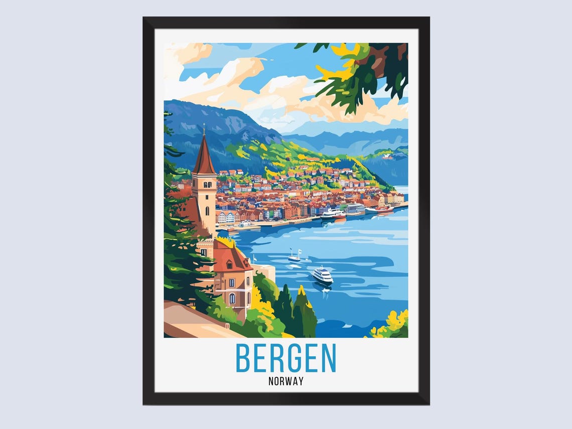 Bergen Norway Harbor Fjord Mountains Classic Vintage Travel Poster