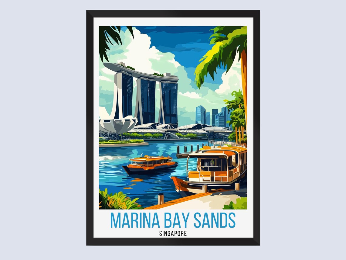 Marina Bay Sands Singapore Harbor Boats Waterfront Travel Poster