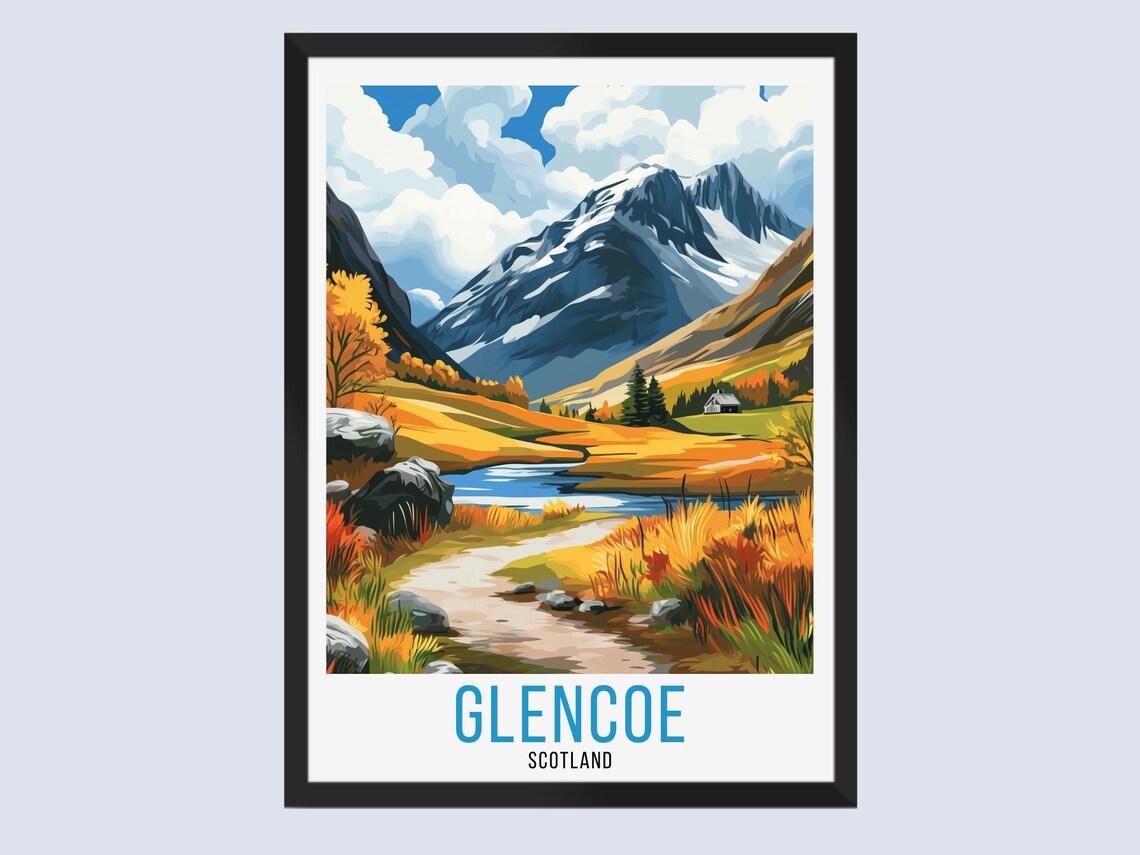 Glencoe Scotland Golden Autumn Valley Trail Mountain Travel Poster