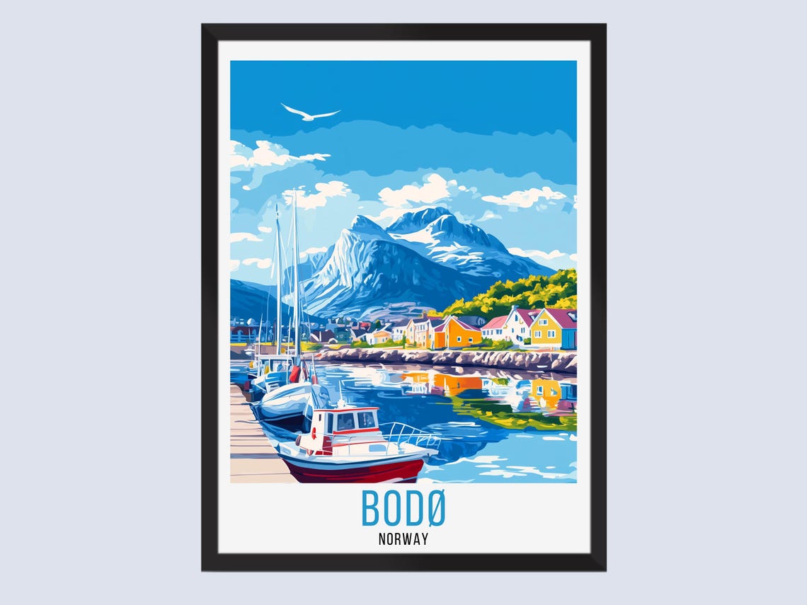 Bodo Norway Fishing Boats Snowy Peak Seagull Retro Travel Poster