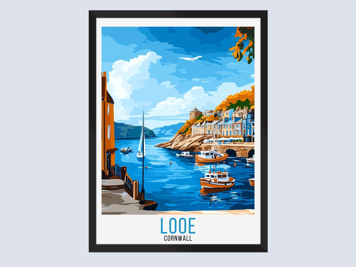 Bright Looe Cornwall Fishing Boats Harbor Vintage Travel Poster