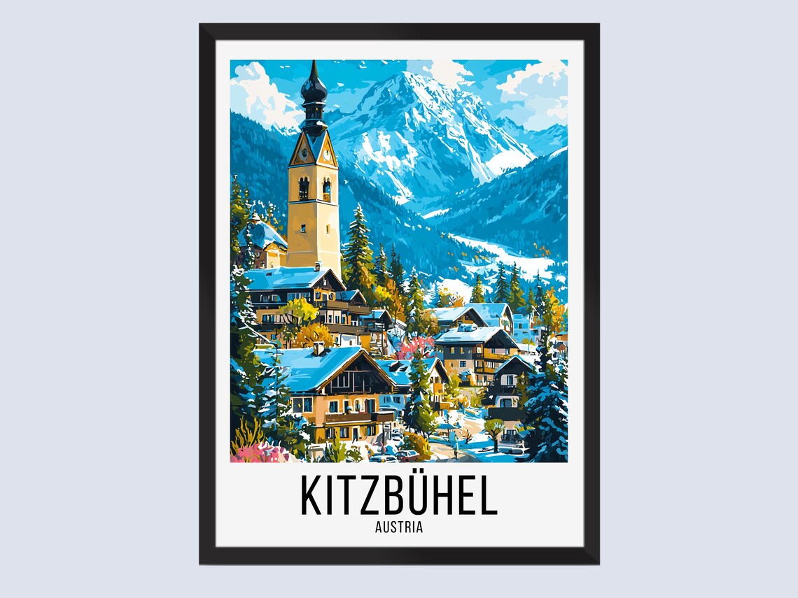 Kitzbuhel Austria Snowy Ski Village Mountain Church Travel Poster