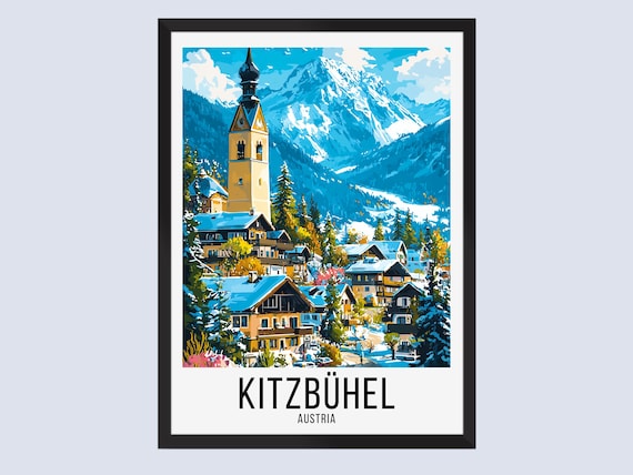 Kitzbuhel Austria Snowy Ski Village Mountain Church Travel Poster