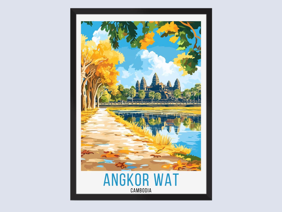 Angkor Wat Cambodia Golden Tree Path Temple Reflection Travel Poster