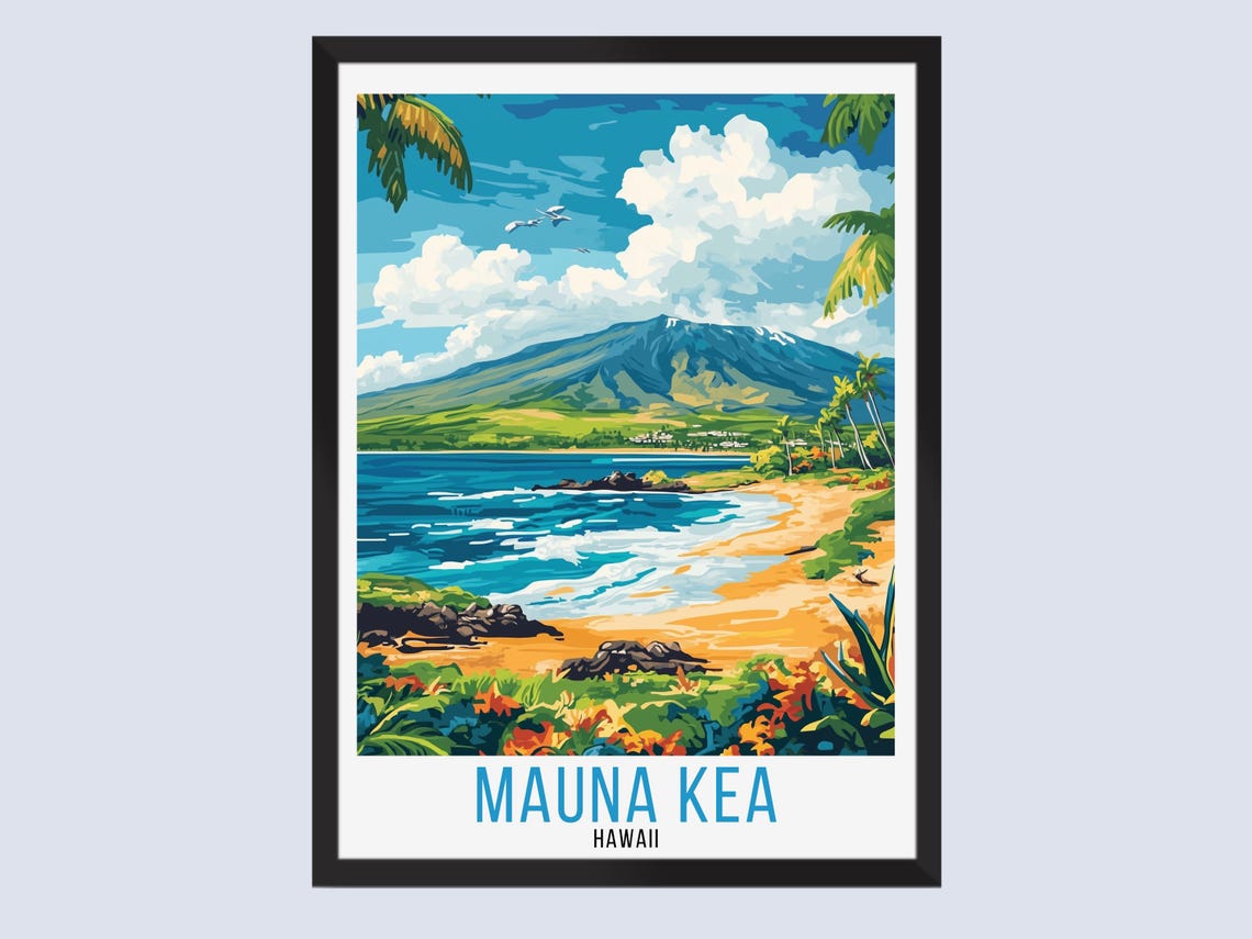 Mauna Kea Hawaii Tropical Beach Palm Trees Vintage Travel Poster