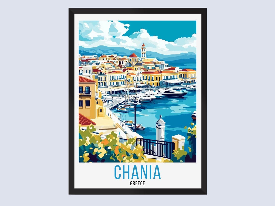 Chania Greece Harbor Waterfront Aegean Retro Seaside Travel Poster