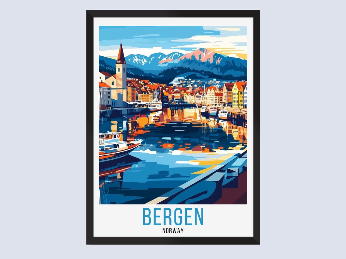 Bergen Norway Harbor Colorful Wharf Mountain View Travel Poster
