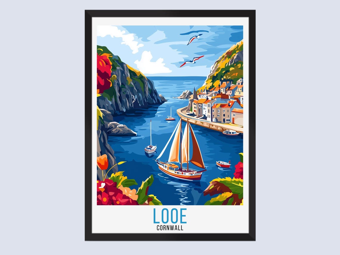 Bright Colorful Looe Cornwall Seaside Harbor Travel Art Poster