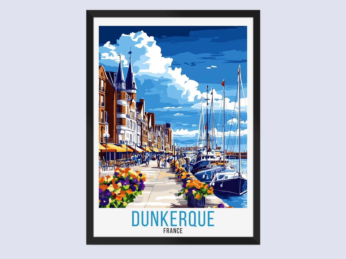 Dunkerque France Marina Sailboats Flower Retro Travel Poster