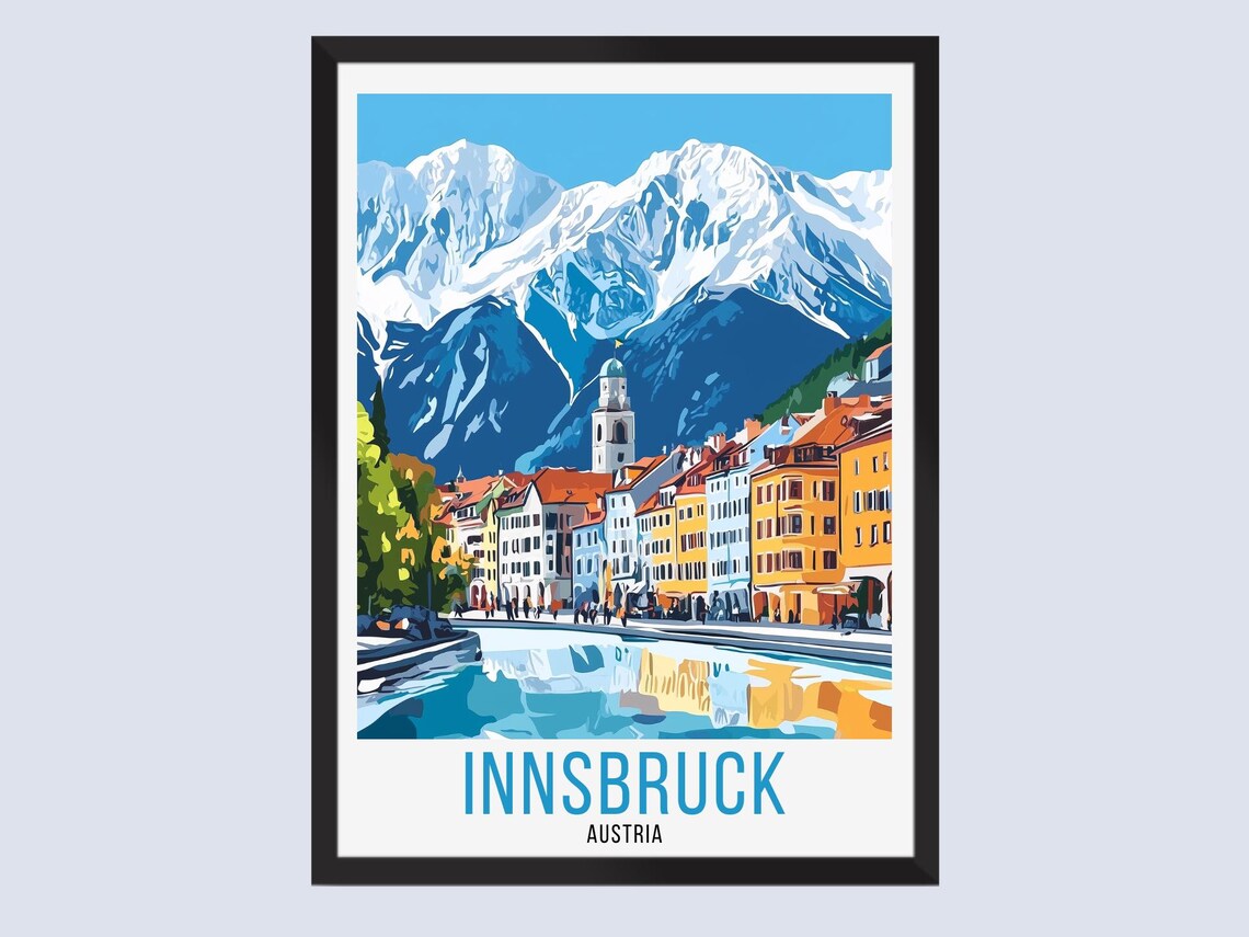 Innsbruck Austria Snowy Alps Old Town River Reflection Travel Poster