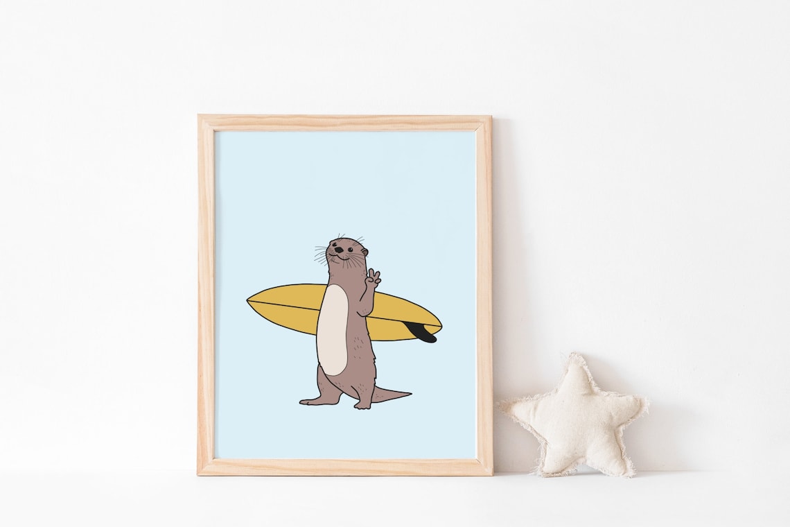 Surfing Otter Art Print, Funny Beach House Decor
