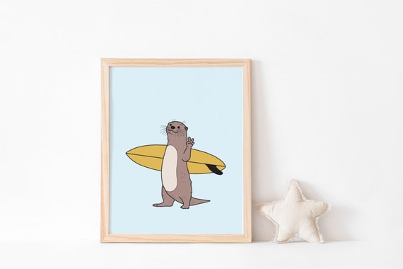 Surfing Otter Art Print, Funny Beach House Decor