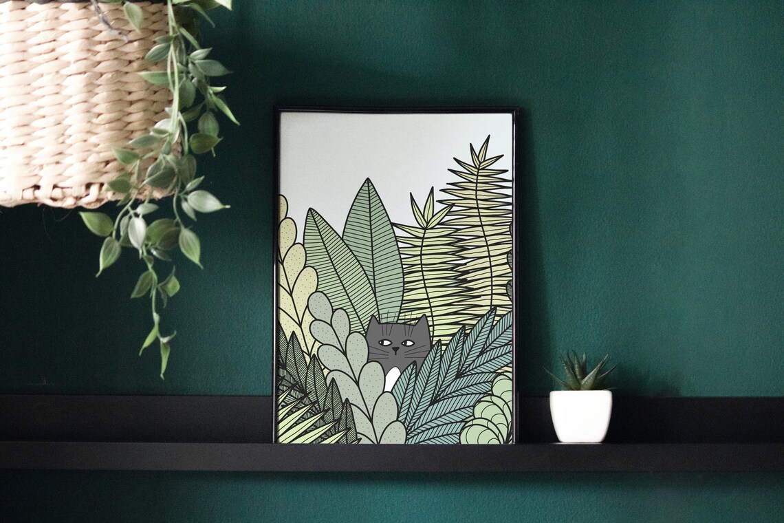 Tuxedo Cat Hiding Among Ferns, Botanical Art Print - Image 2