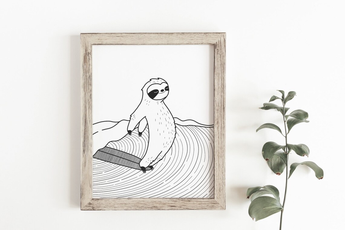 Surfing Sloth Black And White Animal Poster - Image 3