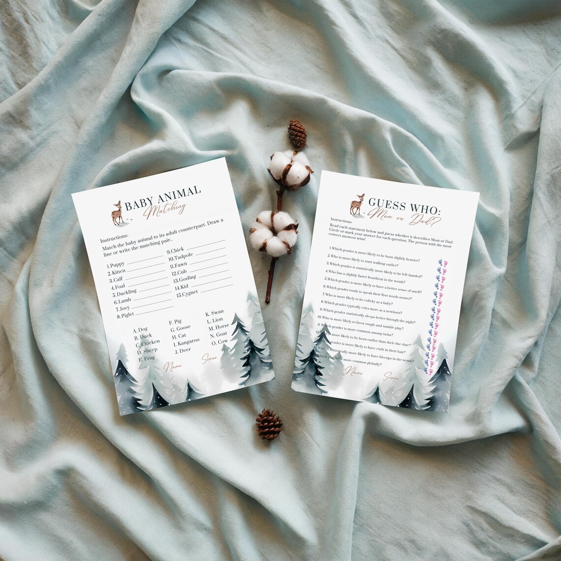 Baby Shower Game Cards Winter Deer Pine Forest Printable Party Print - Image 2