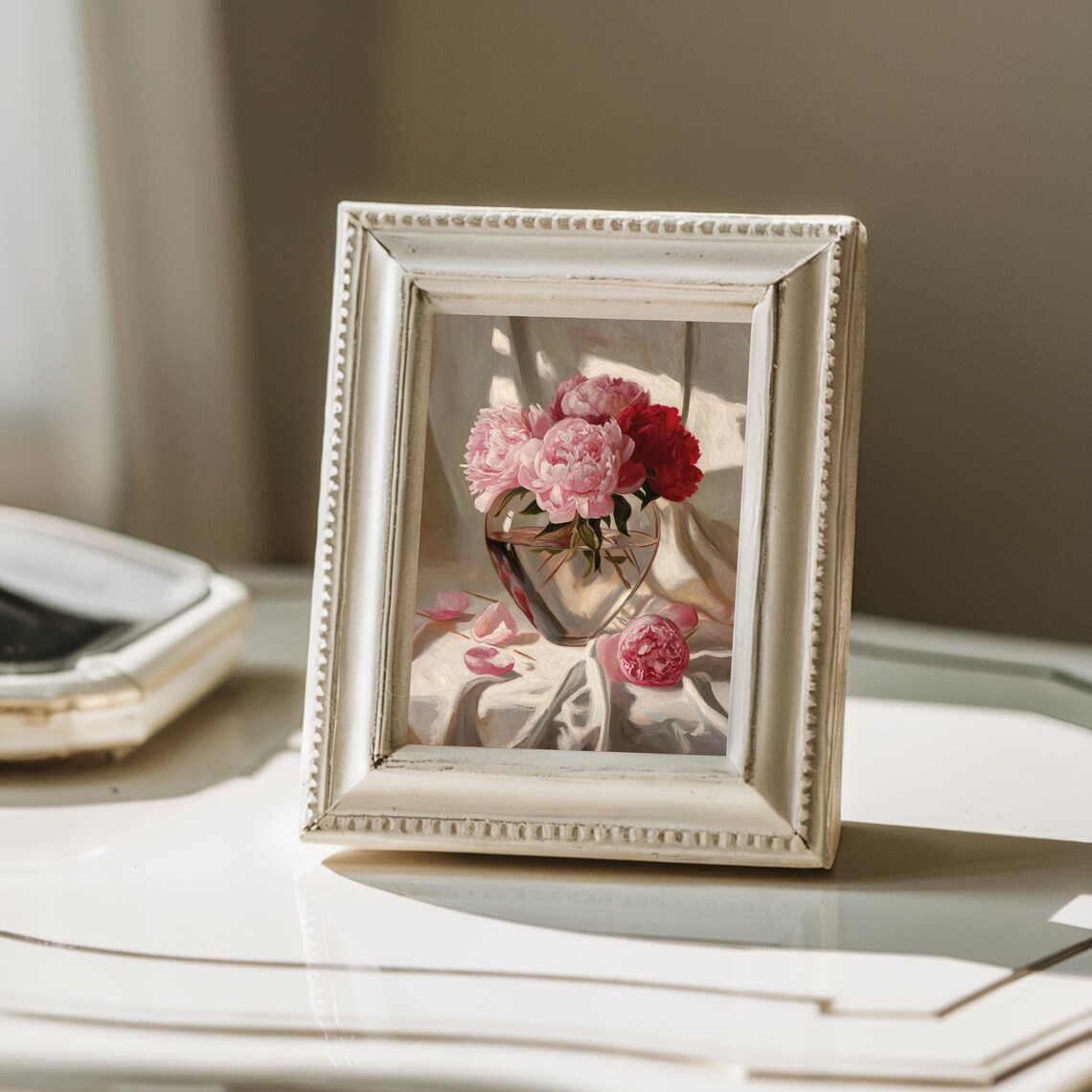 Pink Peonies in Heart Shaped Glass Vase Romantic Still Life Poster - Image 3