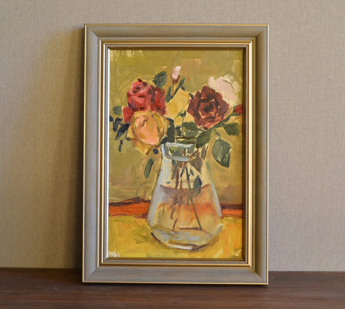 Original Floral Still Life Oil Painting Impressionistic Bouquet Of Yellow And Red Roses In A Glass Vase Framed Wall Art European Fine Art