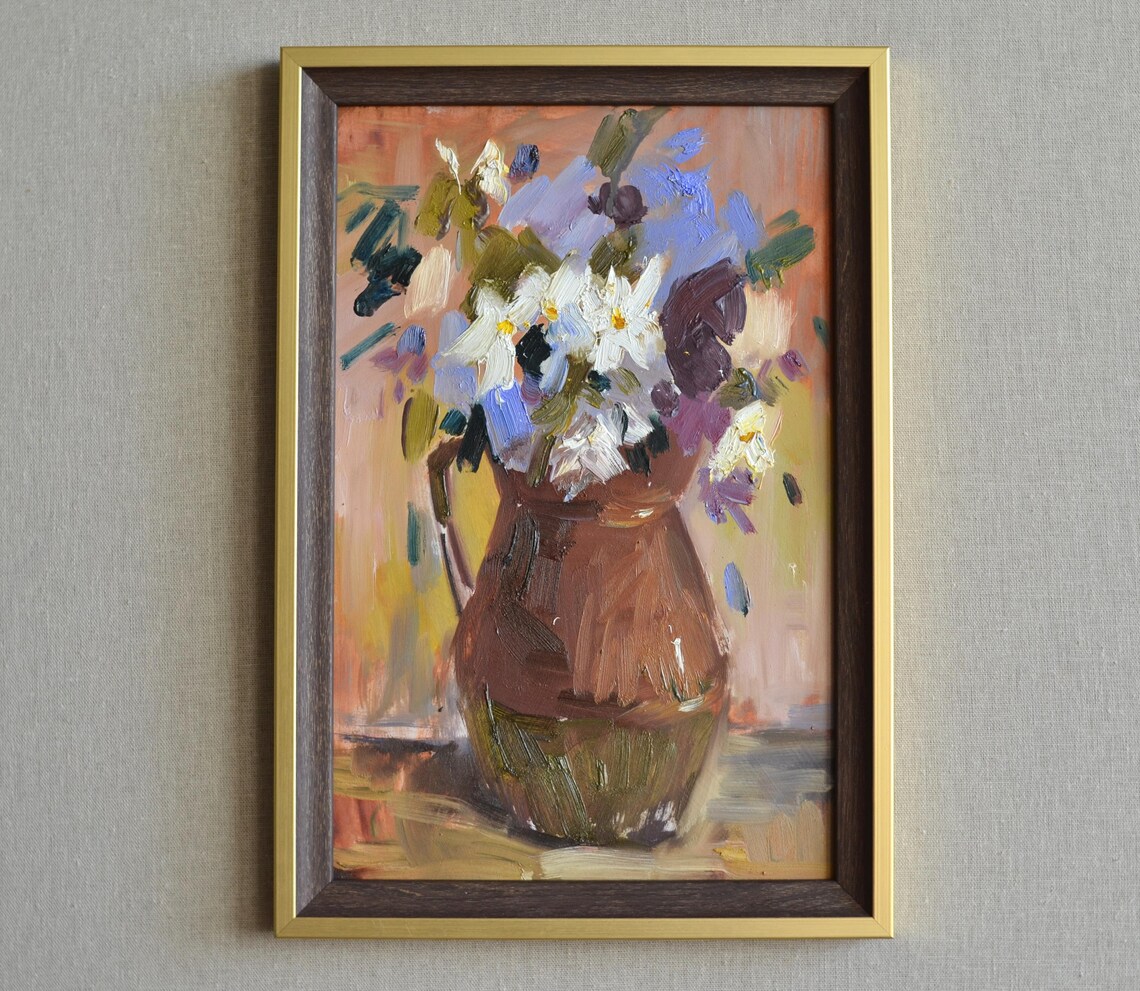 Original Floral Still Life Oil Painting Impressionistic Colorful Bouquet Of Wild Flowers In A Vase Framed Wall Art European Fine Art