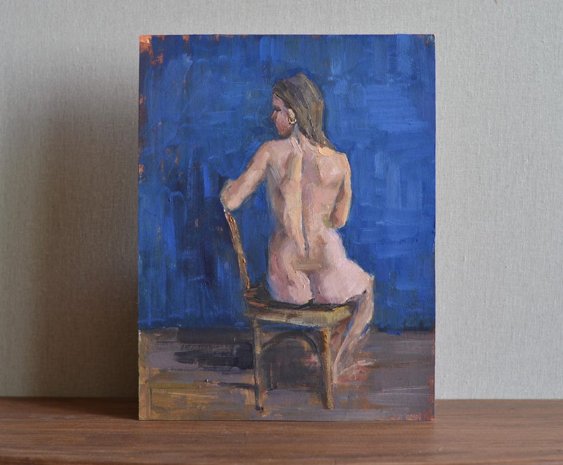 Seated Woman Figure Study Deep Blue Background Fine Art Poster