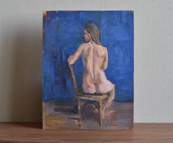 Original Nude Oil Painting Young Woman With Gold Earring Sitting On Chair On Blue Background Impressionistic Fine Art One Of A Kind