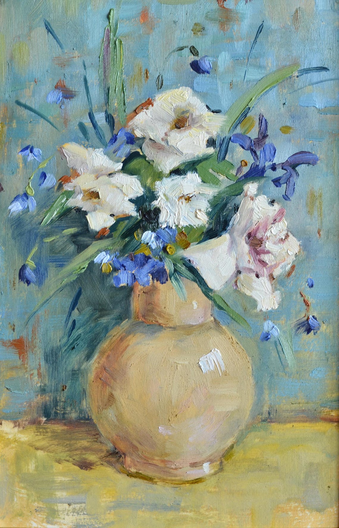 Original Floral Still Life Oil Painting Bright Bouquet Of White And Blue Flowers In A Vase Framed Wall Art European Fine Art One Of A Kind - Image 2