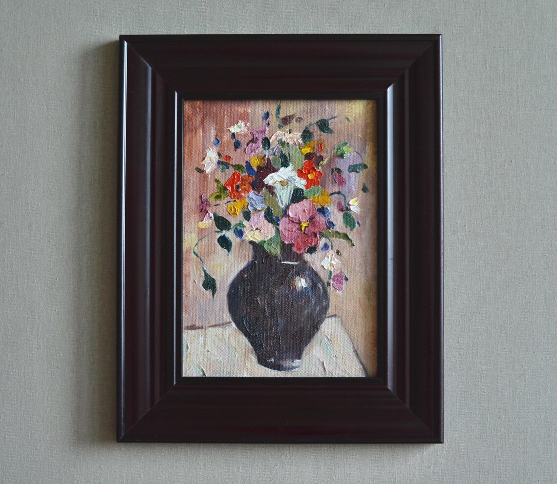 Original Floral Still Life Oil Painting Impressionistic Bouquet Of Wild Flowers In A Vintage Vase Framed Wall Art European Fine Art - Image 3