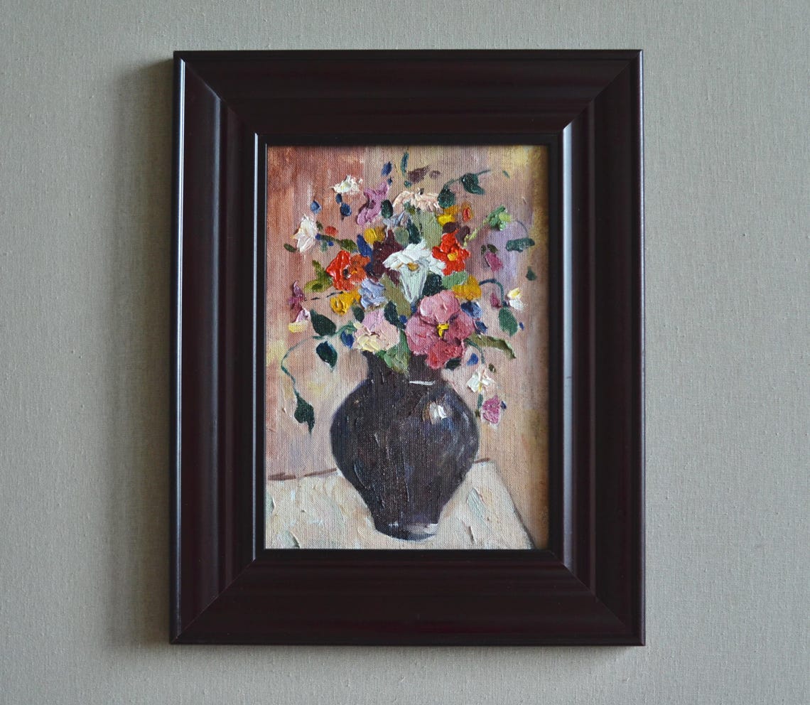 Wildflowers Black Vase Mixed Bouquet Framed Floral Oil Painting Print - Image 3