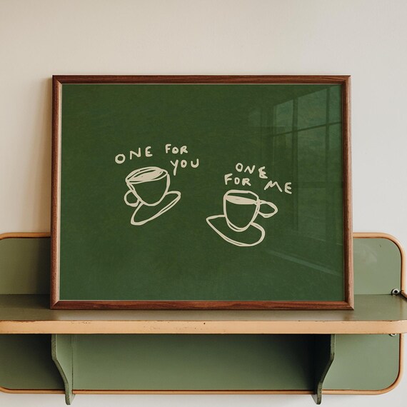 Hand Drawn Coffee Print, Green Kitchen Wall Art