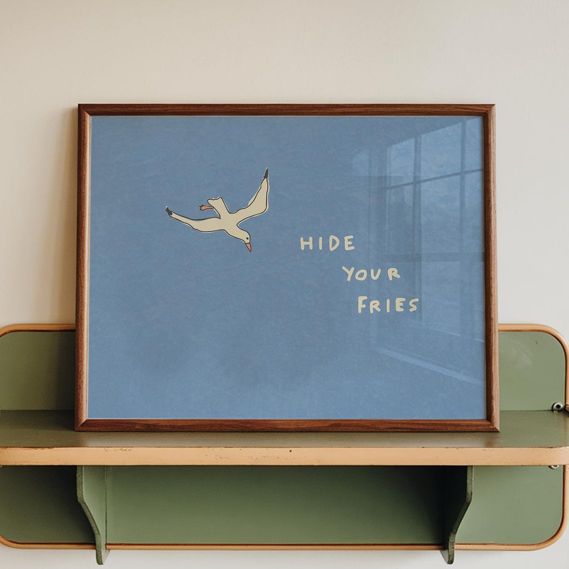 Seagull Hide Your Fries Funny Beach Minimalist Blue Ocean Poster
