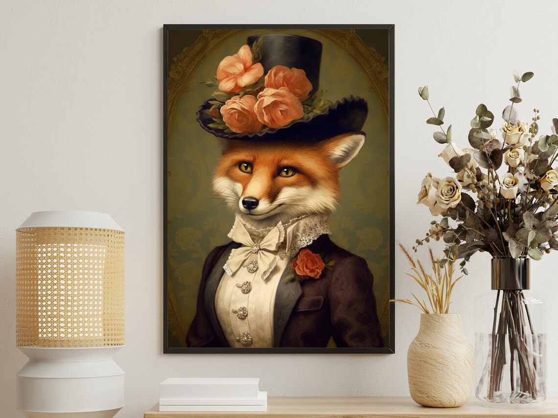 Victorian Lady Fox Top Hat Roses Formal Portrait Vintage Gothic Animal Poster