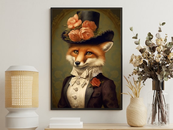 Victorian Lady Fox Top Hat Roses Formal Portrait Vintage Gothic Animal Poster