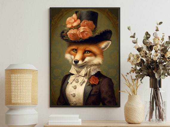 Vintage Victorian Fox Painting Lady Fox Art Print Fox Print Gothic Art Print Dark Academia Art Fox Poster Print Fox Wall Decor