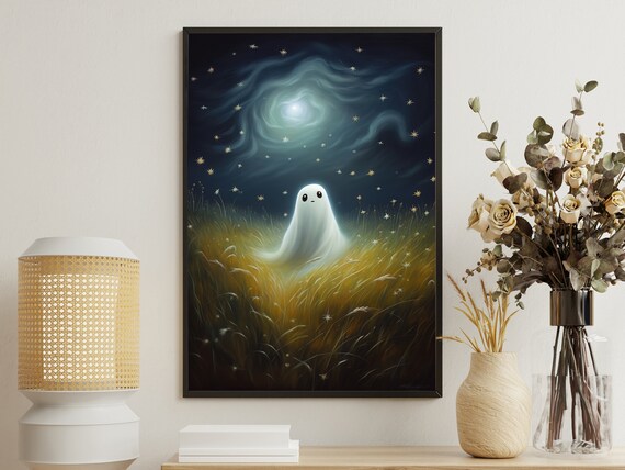 Cute Little Ghost In A Golden Wheat Field Under Starry Night Sky Poster