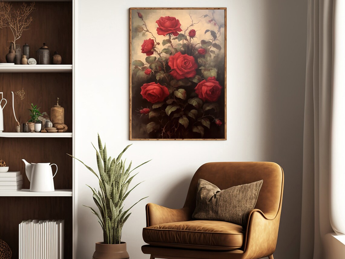 Vintage Red Roses Blooming Dark Green Foliage Classic Floral Art Poster - Image 3