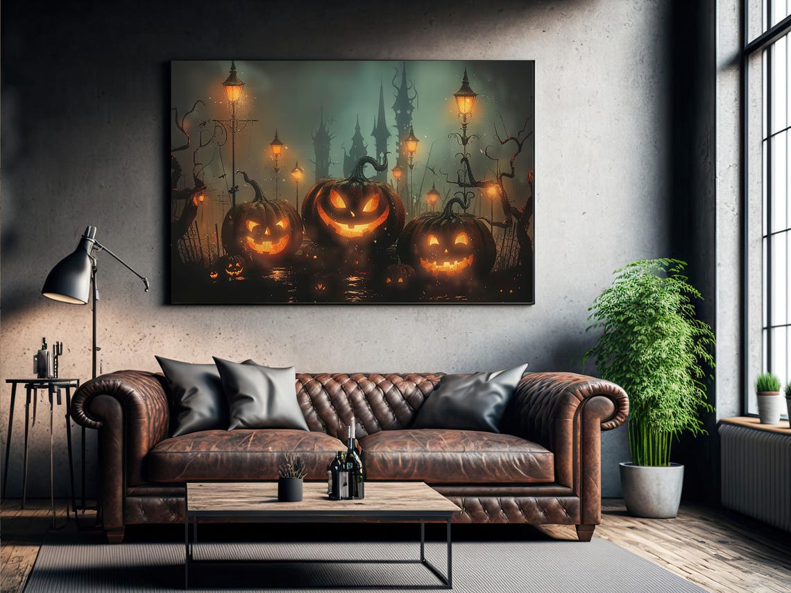 Glowing Jack O Lanterns on Misty Lamplit Street Haunted Night Poster - Image 2