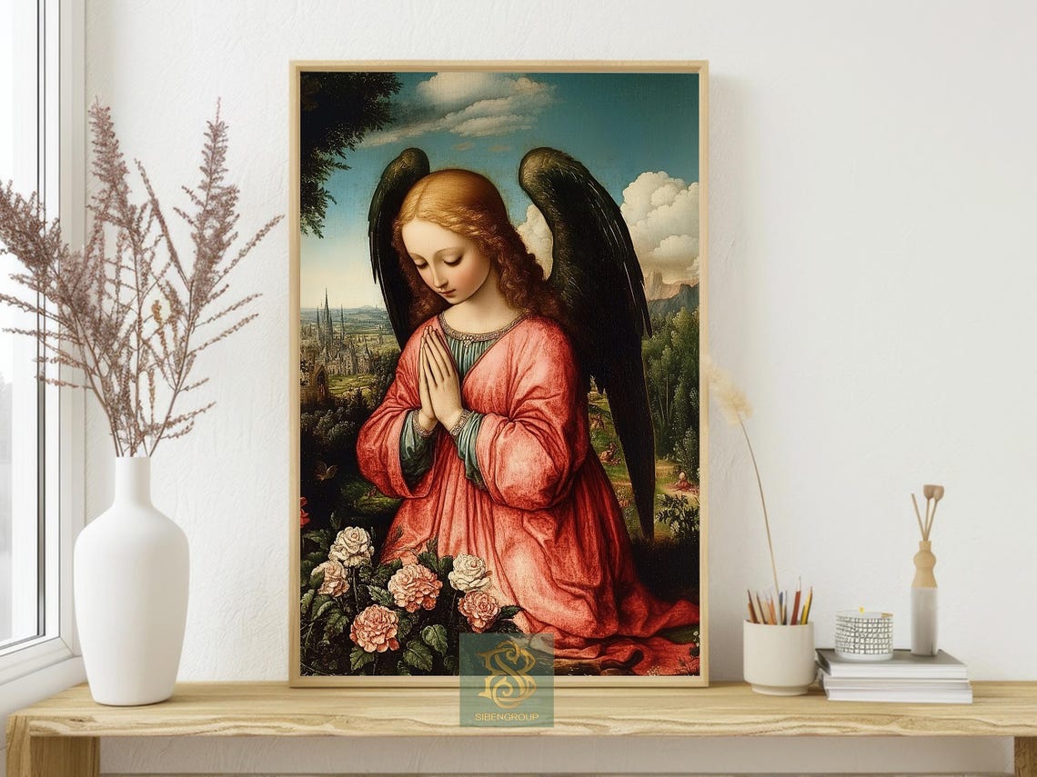Praying Angel With Dark Wings Among Roses Vintage Religious Poster - Image 4